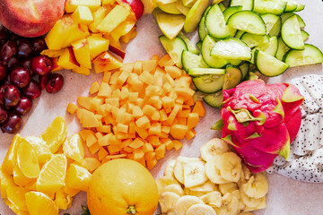 Sliced fruits and vegetables for smoothies. Banana, pitahaya and others. Top view, close-up.