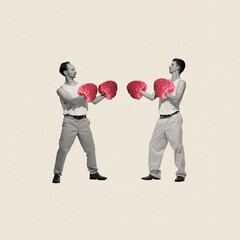 Contemporary art collage. Portrait of two men playing, boxing in raspberry gloves. Funny image of...