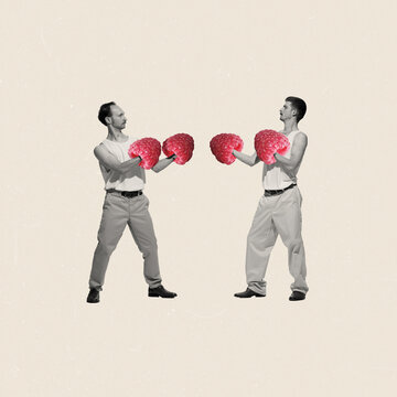 Contemporary art collage. Portrait of two men playing, boxing in raspberry gloves. Funny image of two friends