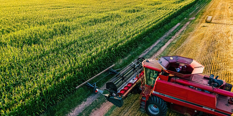 Harvester parked at the edge of corn field