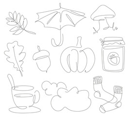 Autumn elements line art. season fall one line set. Autumn leaves, cozy socks. tea and jam in linear style. Acorn and other wether vector icons