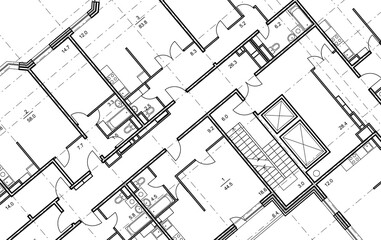 Architectural background. Part of architectural project, architectural plan of the apartment. Detailed floor plan, apartment layout, blueprint. Black and white vector illustration EPS10.