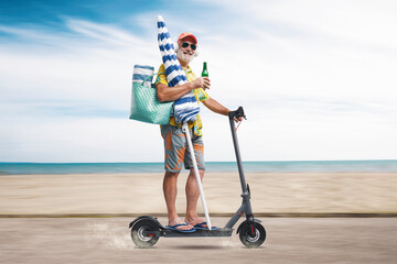 Senior tourist riding an electric scooter - obrazy, fototapety, plakaty