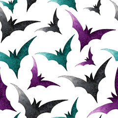 Pattern background with bats silhouettes for halloween design. Seammles pattern swarm of bats on the lilac background. Happy Halloween