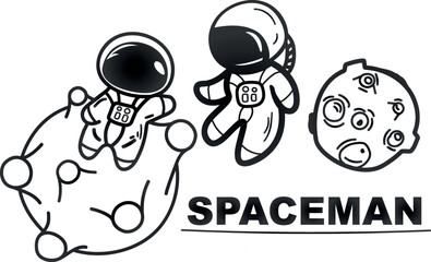 two cute cartoon astronauts on small planets. Doodle