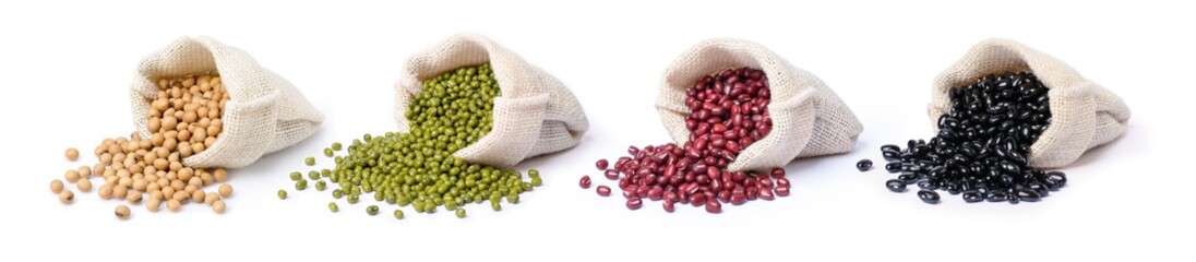 Set of mix bean (soybean, green mung bean, red adzuki and black beans) in sack bag isolated on...