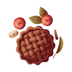 Apple Pie and apples. Food, cooking, recipes, healthy eating, baking, cake, thanksgiving day concept. Vector illustration. Website, banner template.