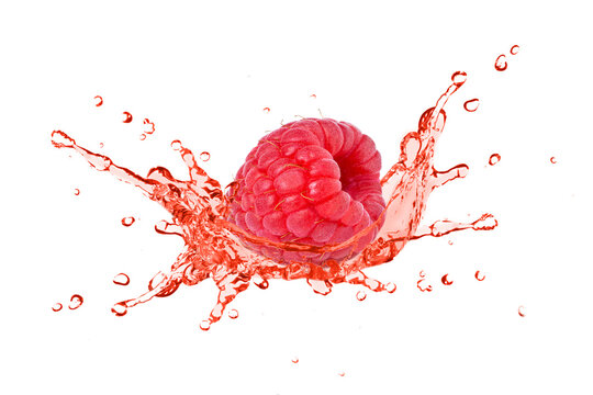 Raspberry juice splash isolated on white background.