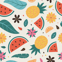 seamless pattern of cute summer beach doodle fruits and flowers  vector illustration