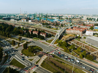 Fototapeta na wymiar Cranes in Gdansk Shipyard Aerial View. Motlawa River Industrial Part of the City Gdansk, Poland. Europe. 