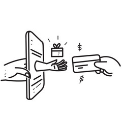 hand drawn doodle online shopping payment on mobile with card illustration