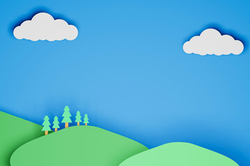 Cloud on blue sky with mountain and tree paper cut style kid background 3d illustration