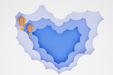 Fluffy cloud blue heart sky with orange balloon paper cut style kid background 3d illustration