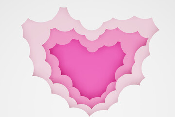 Fluffy cloud pink heart sky paper cut style kid background 3d illustration