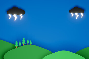 Lightning cloud on blue sky with mountain and tree paper cut style kid background 3d illustration