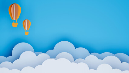 Fluffy clouds on blue sky with balloon paper cut style kid background 3d illustration