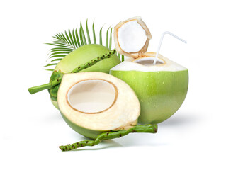 Young green coconut with coconut juice in half fruit and palm leaf isolated on white background.