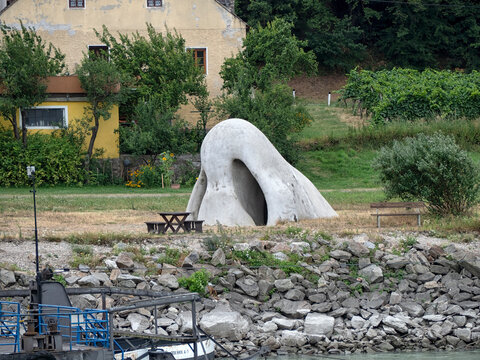 ST. LORENZ, AUSTRIA - JULY 13, 2019:  The Wachauer Nose sculpture at the ferry station 