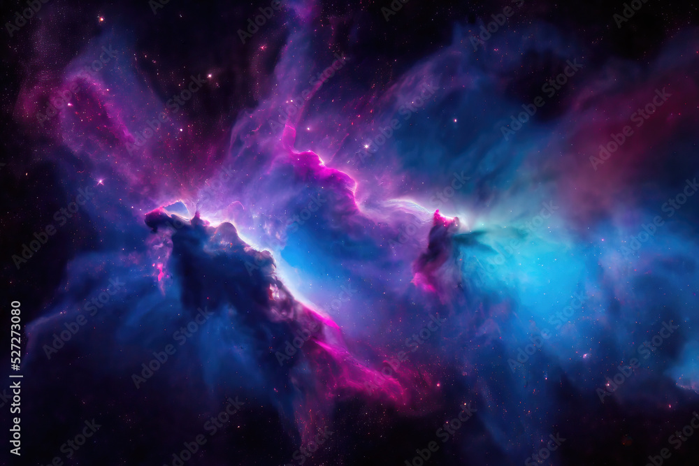 Wall mural illustration of a space cosmic background of supernova nebula and stars, glowing mysterious universe