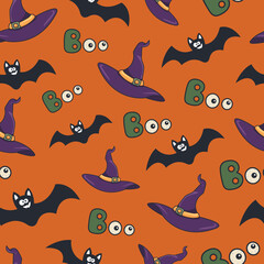 seamless pattern for Halloween, bat, witch hat, inscription boo