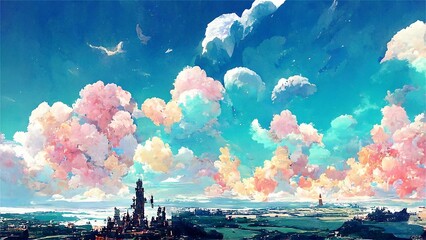 イラスト 絵画 雲 城 ファンタジー 天空 青空 - obrazy, fototapety, plakaty