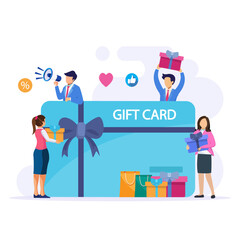 Gift card vector concept. Gift card and promotion strategy, gift voucher, discount coupon and gift certificate concept.