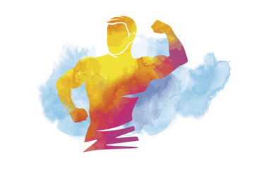 Bodybuilding sport graphic with watercolor background. - 527274817