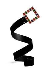 Close-up shot of a woman's wide black leather belt with a large square multi-color crystal buckle. The black belt is isolated on a white background. Front view.