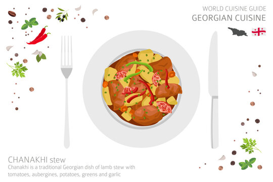 World cuisine guide. Georgian cuisine. Chanakhi stew isolated on white, infograpic