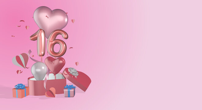3D render rendered gift boxes heart balloons ribbon bows balloon numbers numerals suitable for 16th birthday or anniversary