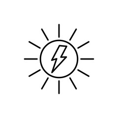 Solar power line icon. Lightning bolt inside sun with arrow. Renewable energy concept. Sustainable energy sources. Clean energy generation. Nature conservation. Vector illustration, flat, clip art.