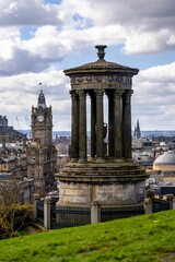 Beautiful view of Edinburgh, Scotland from Calton Hill with the Dugald Stewart monument