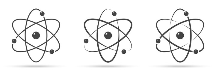 Atom icon. Set of vector symbols, different drawing options. Universal models of molecular structure for scientific articles and concepts. Electrons in orbits revolve around the nucleus.