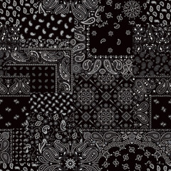 Black paisley bandana fabric patchwork abstract vector seamless pattern