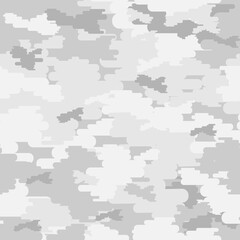 Camouflage seamless vector pattern. Abstract modern vector military background. Fabric textile print template. Classic clothing style masking snow camo repeat print, shades of grey, white colors textu