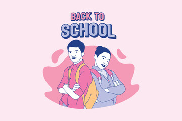 Illustrations cute schoolgirl and schoolboys going back to school design concept
