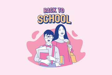 Illustrations cute schoolgirl and schoolboys going back to school design concept