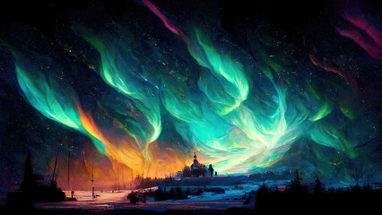 Colorful Aurora Borealis as wallpaper background illustration - obrazy, fototapety, plakaty