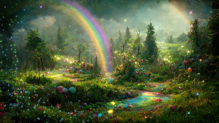 Magical rainbow in fairy tale forest as fantasy wallpaper