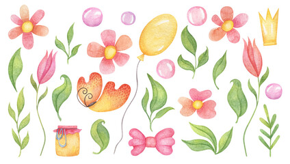 Summer set with greenery, flowers, butterflies, balloons, crown , honey for Birthday invitation, children party