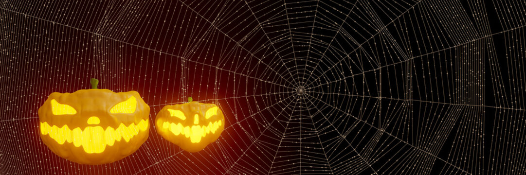 happy halloween pumpkins ghost and spider's web on black background, 3d modeling.