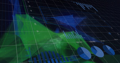 Image of financial data processing over shapes on black background