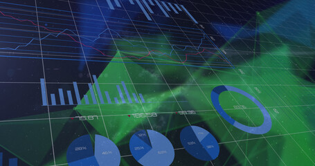 Image of financial data processing over shapes on black background