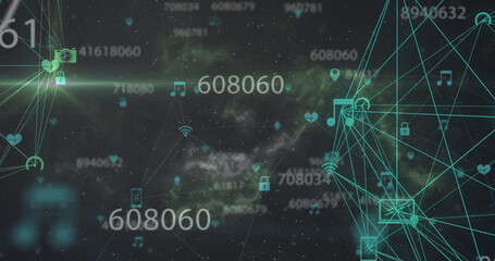 Image of data processing over netwrok of connections with icons on black background
