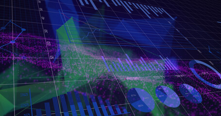 Image of financial data processing over shapes on black background