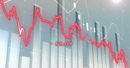Image of financial data processing with graph on grey background