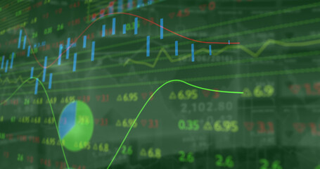 Image of financial data processing with graph on green background