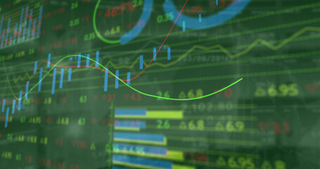 Image of financial data processing with graph on green background