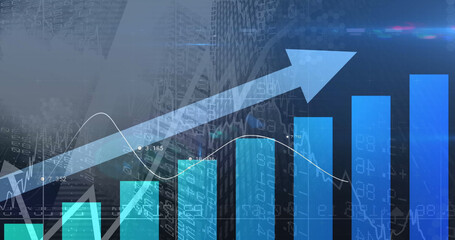Image of financial data processing with graph over cityscape