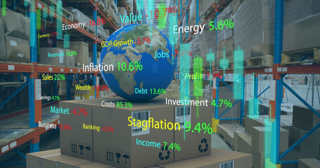 Image of financial data processing with graph over warehouse